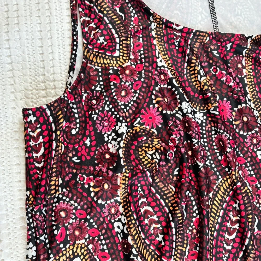 Catherines Dress Midi Tank Black Red Paisley Slinky Wrinkle Free 0X